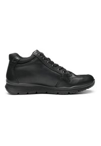 Black leather lace-up casual sneaker with padded collar and textured rubber sole, shown from left side on white background.