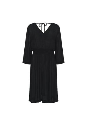 Black dress with a V-neckline and tie detail at the back. Features long sleeves and a smocked waist, flowing fabric with an A-line silhouette.