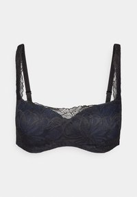 Kant bralette in diep marineblauw en zwart, met bloemmotieven, verstelbare bandjes en een soepele, textuurfinish.