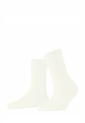 White ribbed cotton socks with a soft texture, featuring a crew length and a rounded toe design. No additional patterns or accents.