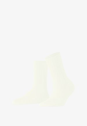 White ribbed cotton socks with a soft texture, featuring a crew length and a rounded toe design. No additional patterns or accents.