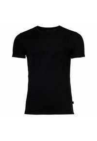 T-shirt nera a maniche corte con collo rotondo e un piccolo etichetta laterale, mostrata su uno sfondo bianco uniforme.