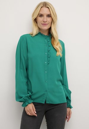 Teal button-up blouse with ruffled collar and button placket, long balloon sleeves with gathered cuffs, smooth fabric, and relaxed fit.