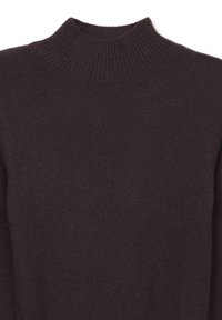 Dunkelbrauner, gerippter Rollkragenpullover aus weichem Strickstoff; zeichnet sich durch eine körpernahe Passform und lange Ärmel ohne sichtbare Muster oder Akzente aus.