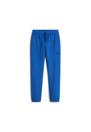 Blauwe sweatpants met elastische tailleband, twee zijzakken en geribbelde boorden. Heeft subtiele branding in een bijpassende kleur op de dij.