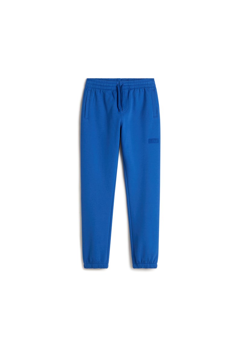 Blauwe sweatpants met elastische tailleband, twee zijzakken en geribbelde boorden. Heeft subtiele branding in een bijpassende kleur op de dij.