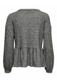 Graues Peplum-Top aus texturiertem Stoff, mit langen Ärmeln, einem runden Rückenausschnitt und subtilen horizontalen Rippenmustern.