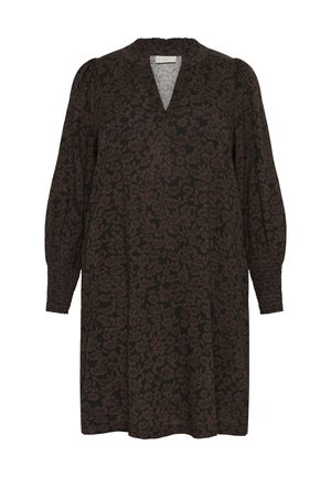 Robe florale marron avec de longues manches bouffantes, un décolleté en V et des poignets froncés. Fabriquée en tissu doux avec un motif floral texturé.