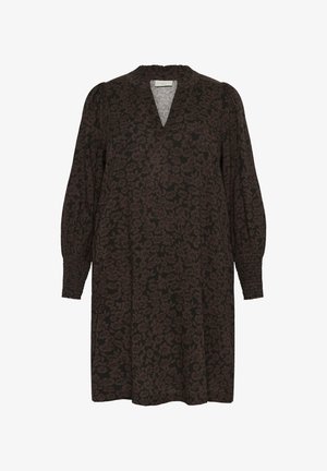 Pruun lilleline kleit, millel on pikad puhvärvitud varrukad, V-kujuline kaelus ja kogutud mansetid. Valmistatud pehmest kangast tekstuuriga lillemustriga.