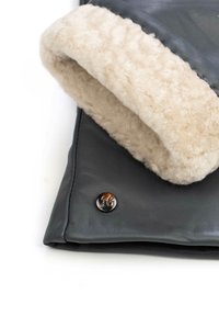 Leather jacket with a soft, cream-colored shearling collar. Features a dark grey body and a shiny metal button detail.