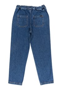 Blauwe spijkerbroek met een elastische tailleband, voorzien van twee achterzakken en een rechte pijp. Zachte textuur met zichtbare naden.