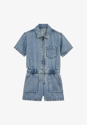 Trumpomis rankovėmis šviesiai mėlynas džinsinis kombinezonas su priekiu užtrauktuku, elastinga liemeniu, trimis kišenėmis ir atlenkiamu apykakle.