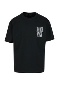 Black cotton t-shirt with a round neckline, short sleeves, and a white "REACH HIGH" print on the left chest area.