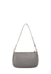 Gray leather handbag with a textured finish, featuring a slim, adjustable strap and gold-tone hardware. Zippered top closure.