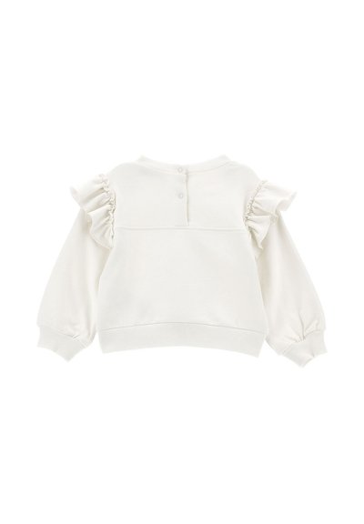Felpa bianca con dettagli arricciati sulle spalle, maniche lunghe e scollatura rotonda. Dotata di chiusura con bottoni sul retro. Tessuto morbido.