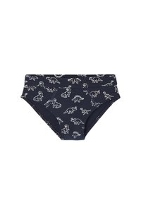 Marineblaue Schwimmshorts mit weißen Dinosaurier-Mustern. Hergestellt aus weichem, dehnbarem Material; verfügt über einen elastischen Bund und nahtlose Seiten.