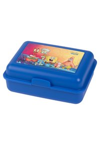 Lunch box in plastica blu con un coperchio decorato con personaggi dei cartoni animati su uno sfondo vivace e colorato. Bordo arrotondato e chiusura a scatto.