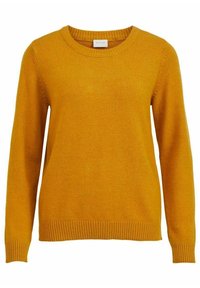 Maglione a coste giallo senape lavorato a maglia con maniche lunghe, scollatura rotonda e orlo a coste. Texture morbida con dettagli di cucitura discreti sulle maniche.