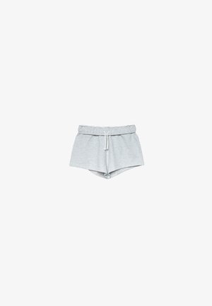 Light gray cotton shorts with elastic waistband and white drawstring, designed for casual wear.