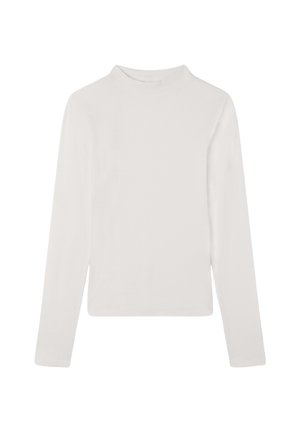 Biała bluzka z długim rękawem i okrągłym dekoltem, wykonana z prążkowanej tkaniny. Posiada dopasowany krój, gładką fakturę i minimalną ilość szwów.