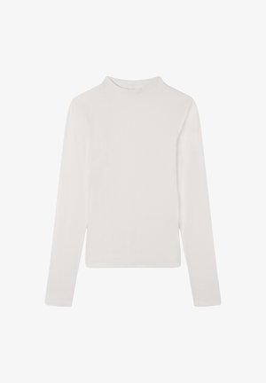 Biała bluzka z długim rękawem i okrągłym dekoltem, wykonana z prążkowanej tkaniny. Posiada dopasowany krój, gładką fakturę i minimalną ilość szwów.