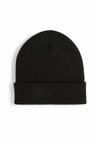 Black knit beanie with a rolled cuff, featuring smooth texture and a simple round crown design. No visible branding or patterns.