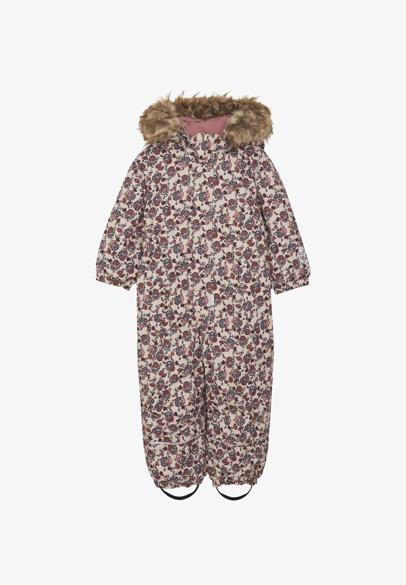 Børnesneaksuit med blomstermønster og pink for, hætte med pelskant, elastiske manchetter og fodstropper for ekstra varme.