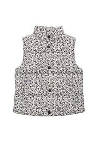Kvetinová potlač bezrukávový vest v krémovej a námorníckej modrej, so stojáčikom, čiernym gombíkovým zapínaním a prešívanou textúrou.