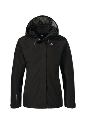 Chaqueta negra impermeable con cierre de cremallera y botones a presión, capucha ajustable y cordones. Exterior liso, forro interior suave, con mínima marca.