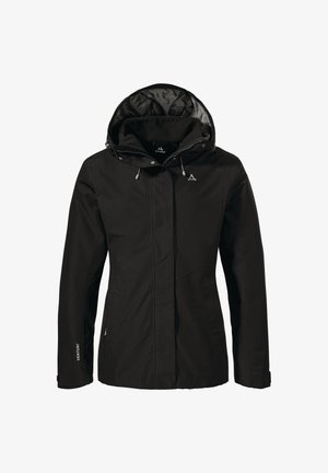 Chaqueta negra impermeable con cierre de cremallera y botones a presión, capucha ajustable y cordones. Exterior liso, forro interior suave, con mínima marca.