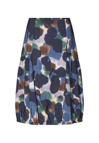 Gonna fino al ginocchio con fondo arricciato, caratterizzata da un motivo a macchie astratte nei colori navy, verde, marrone, blu e crema su tessuto leggero.