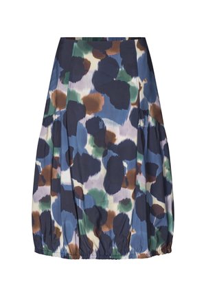 Knielanger Rock mit gerafftem Saum, der ein abstraktes Fleckenmuster in Marineblau, Grün, Braun, Blau und Creme auf leichtem Stoff zeigt.
