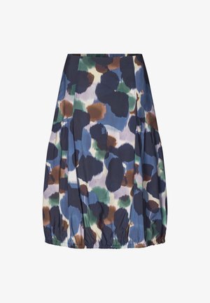 Spódnica do kolan z marszczonym dołem, zdobiona abstrakcyjnym wzorem plam w kolorach granatowym, zielonym, brązowym, niebieskim i kremowym na lekkim materiale.