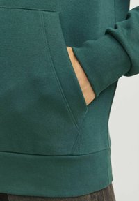 Grüner Sweatshirt mit einer Känguru-Tasche an der Vorderseite, gerippten Bündchen und Saum. Glatte Textur mit einem subtilen matten Finish.