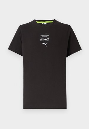Camiseta negra de manga corta con los logotipos de Aston Martin, Aramco y Puma centrados en el pecho.