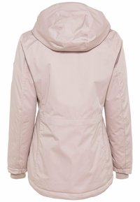 Světle růžová, voděodolná bunda s kapucí, elastickými cuffs a stažením v pase. Hladký povrch a jednoduchý design, vhodná pro venkovní nošení.