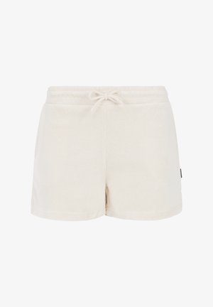 Béžové fleecové šortky s elastickým pásom a šnúrkou na zaväzovanie. Majú jemnú štruktúru a malú logovú nášivku na boku.