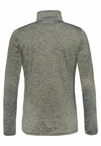 Camicia a maniche lunghe in tessuto grigio scuro melange. Presenta un colletto alto e una finitura liscia e testurizzata con una vestibilità aderente.