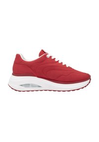 Red athletic shoe with a smooth synthetic upper, white laces, and cushioning sole featuring a visible air unit. Textured accents on the sides.