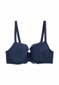 Marineblaue BH mit Spitzenverzierungen an den Cups, verstellbaren Trägern und einer glatten Oberfläche. Verfügt über einen Hakenverschluss auf der Rückseite.