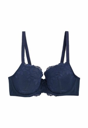 Marineblaue BH mit Spitzenverzierungen an den Cups, verstellbaren Trägern und einer glatten Oberfläche. Verfügt über einen Hakenverschluss auf der Rückseite.