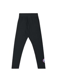 Zwarte leggings met een elastische tailleband, voorzien van een aansluitend ontwerp en een ronde logo patch in het roze op het rechtermiddelbeen.
