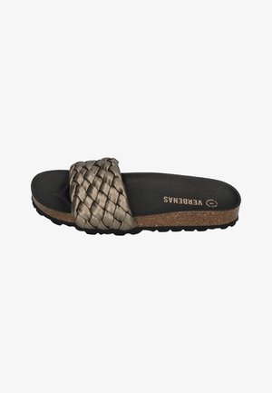 Slide sandal with black footbed, cork sole, and wide metallic braided strap across top.
