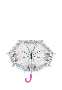 Durchsichtiger Regenschirm mit Cartoon-Charakterdesign, rosa Punkten und Akzenten, schwarzem Gestell und einem pinkfarbenen, gebogenen Griff.