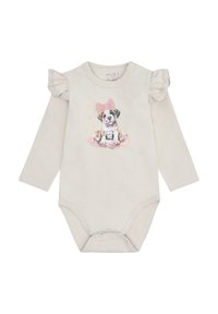 Langärmliger Baby-Body in hellbeige, mit Rüschen, einer Hundillustration mit einer rosa Schleife und Druckknopfverschluss am Boden.