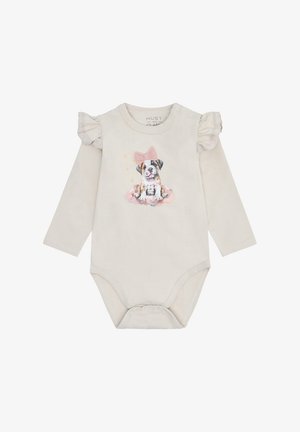 Langärmliger Baby-Body in hellbeige, mit Rüschen, einer Hundillustration mit einer rosa Schleife und Druckknopfverschluss am Boden.