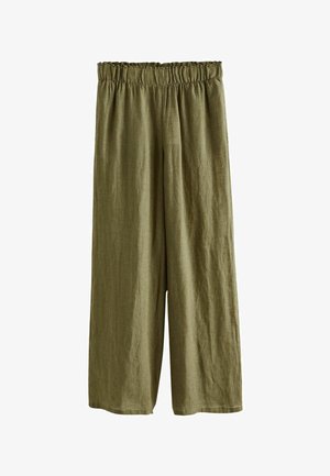 Pantaloni verdi a gamba larga con vita elastica arricciata, realizzati in tessuto testurizzato, caratterizzati da una vestibilità ampia e una silhouette fluente.