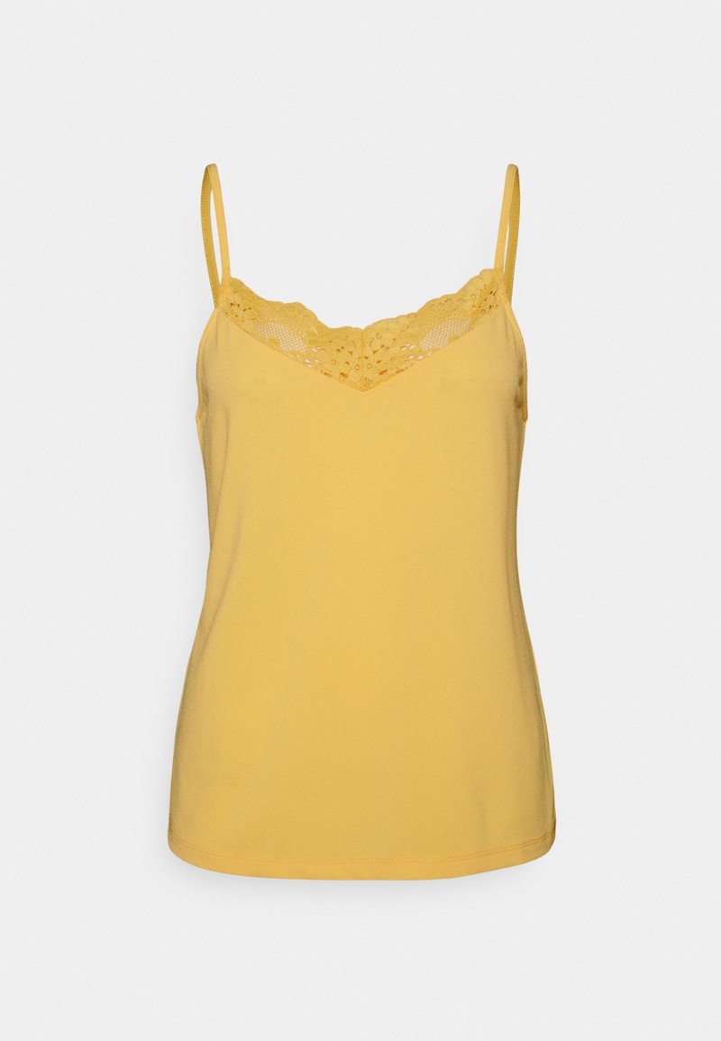 Camisole jaune sans manches avec fines bretelles et bordure en dentelle le long de l'encolure en V sur un fond uni.