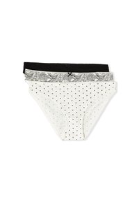 Three women's hipster underwear in black, white with floral print, and white with small black hearts, stacked and laid flat on white background.