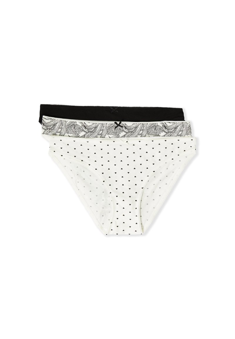 Three women's hipster underwear in black, white with floral print, and white with small black hearts, stacked and laid flat on white background.